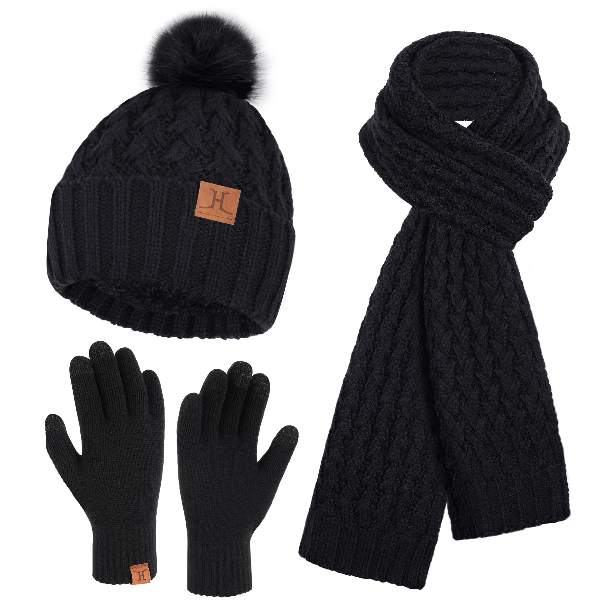 Womens Winter Beanie Hat Touchscreen Gloves Long Neck Scarf Set Warm Knit Caps with Pom Fleece Gifts for Women
